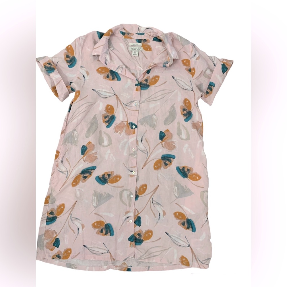 Rachel Zoe linen Pink Floral Button Shirt Dress